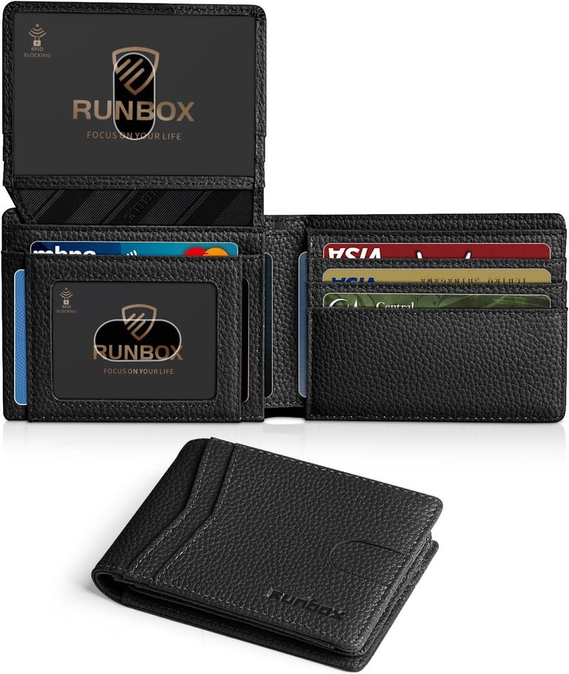 RUNBOX Wallet for Men Slim Rfid Leather 2 ID Window With Gift Box | Slim, Rfid, 2 ID Window, With Gift Box, Slim, Rfid - Image 1